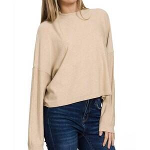 NEW 42POPS mock neck comfy fall crop sweater in heather beige